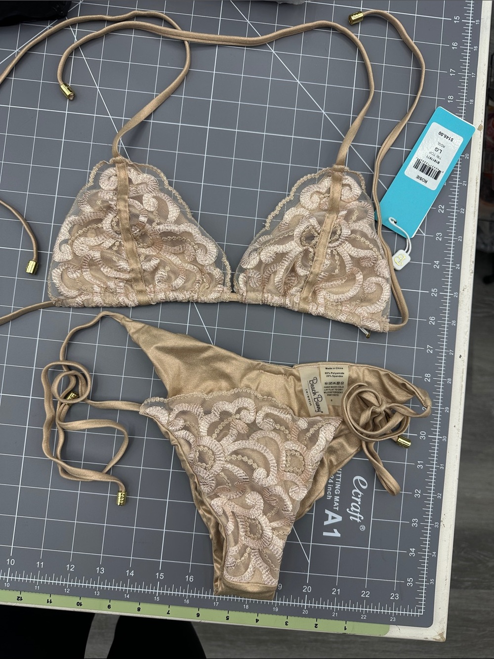 NWT Beach Bunny Gold Lace Triangle Rosie Bikini Set Large Top Small Bottom Swim